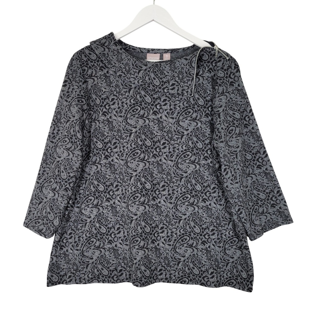 Chico's Knit Top Women 3 Black Gray Paisley Metallic Zip Neck 3/4 Sleeve Sweater